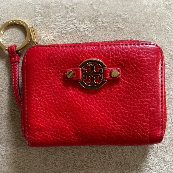 Tory Burch Handbags - Tory Burch red zip around card coin paper holder with gold hardware key ring